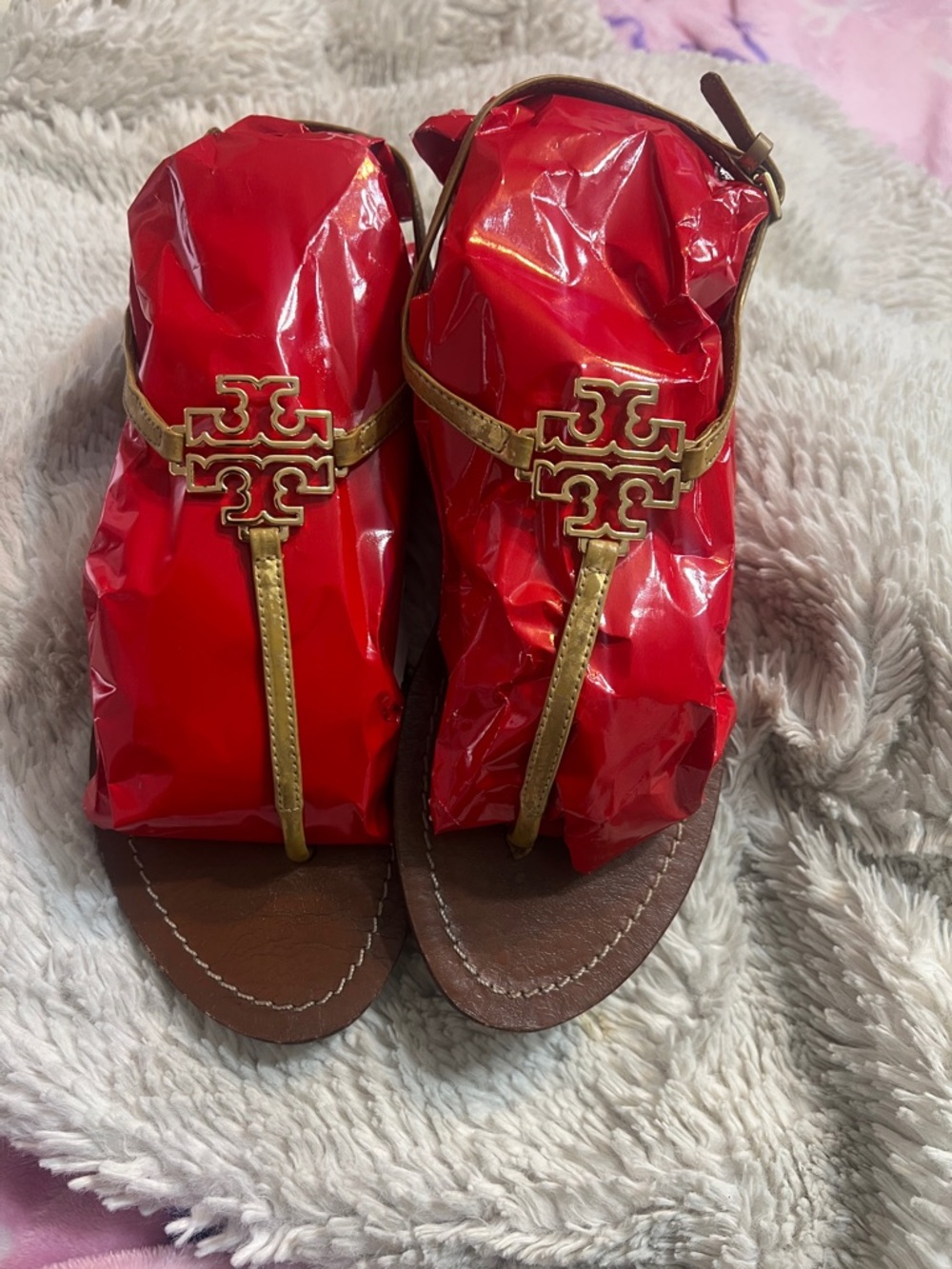 Tory Burch Red and Gold T-Strap Sandals